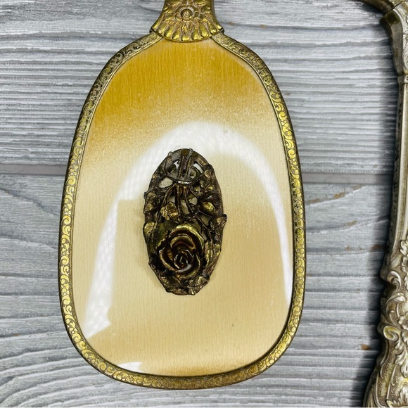 Rare 1950s Matson Vanity Hand Mirror Hair Brush Set rose flower 24k Gold Plated - Picture 4 of 16